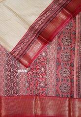 Ivory with Maroon Red - Light weight Vasundra printed silk with ajrakh pallu and blouse